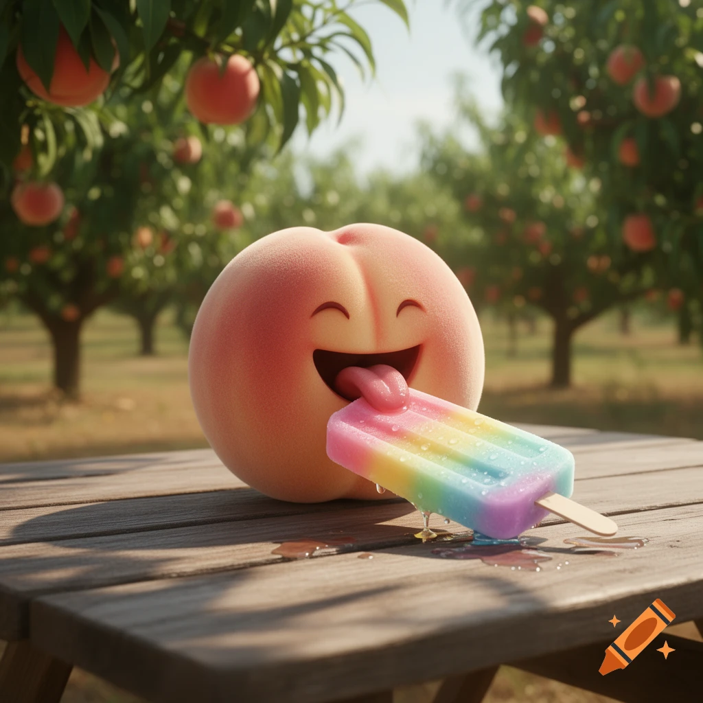 A cartoon peach with a happy face licks a melting rainbow popsicle on a wooden table in a sunny peach orchard.