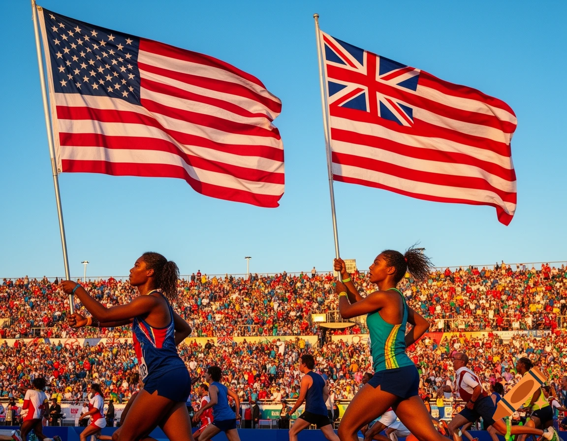 Two female athletes run on a track, carrying a US flag and a British Red Ensign flag, in front of a stadium full of spectators under a blue sky.
