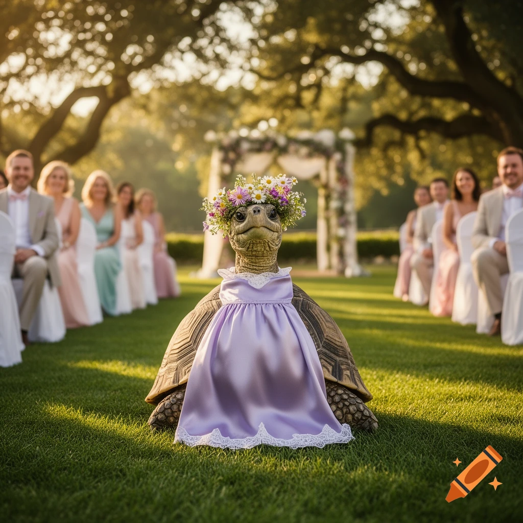 A photorealistic turtle bridesmaid in a lavender dress and flower crown sits on grass at an outdoor wedding.