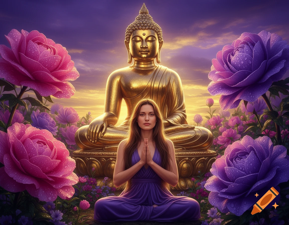 A woman in a purple dress meditates before a golden Buddha statue, surrounded by large pink and purple flowers under a mystical purple and golden sky.
