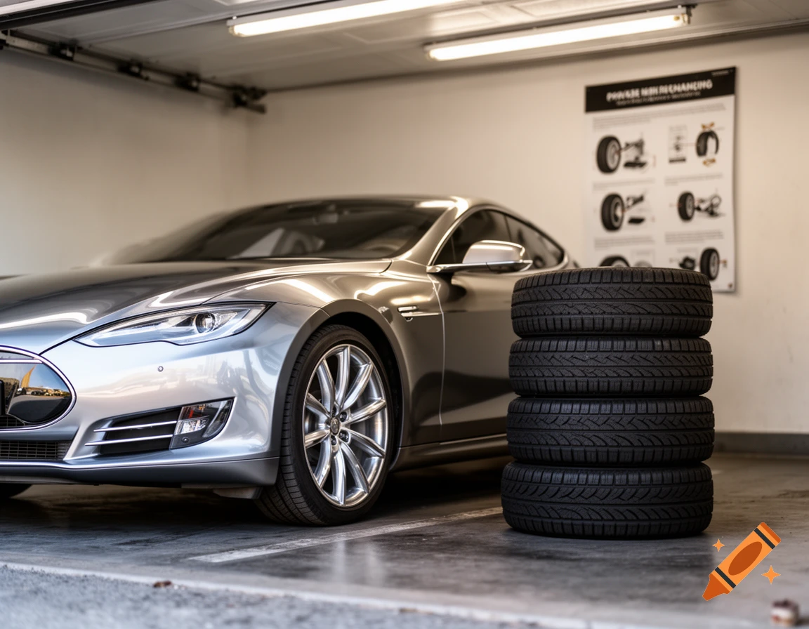 A silver Tesla car parked in a garage next to a stack of four black tires, with a poster on the wall.