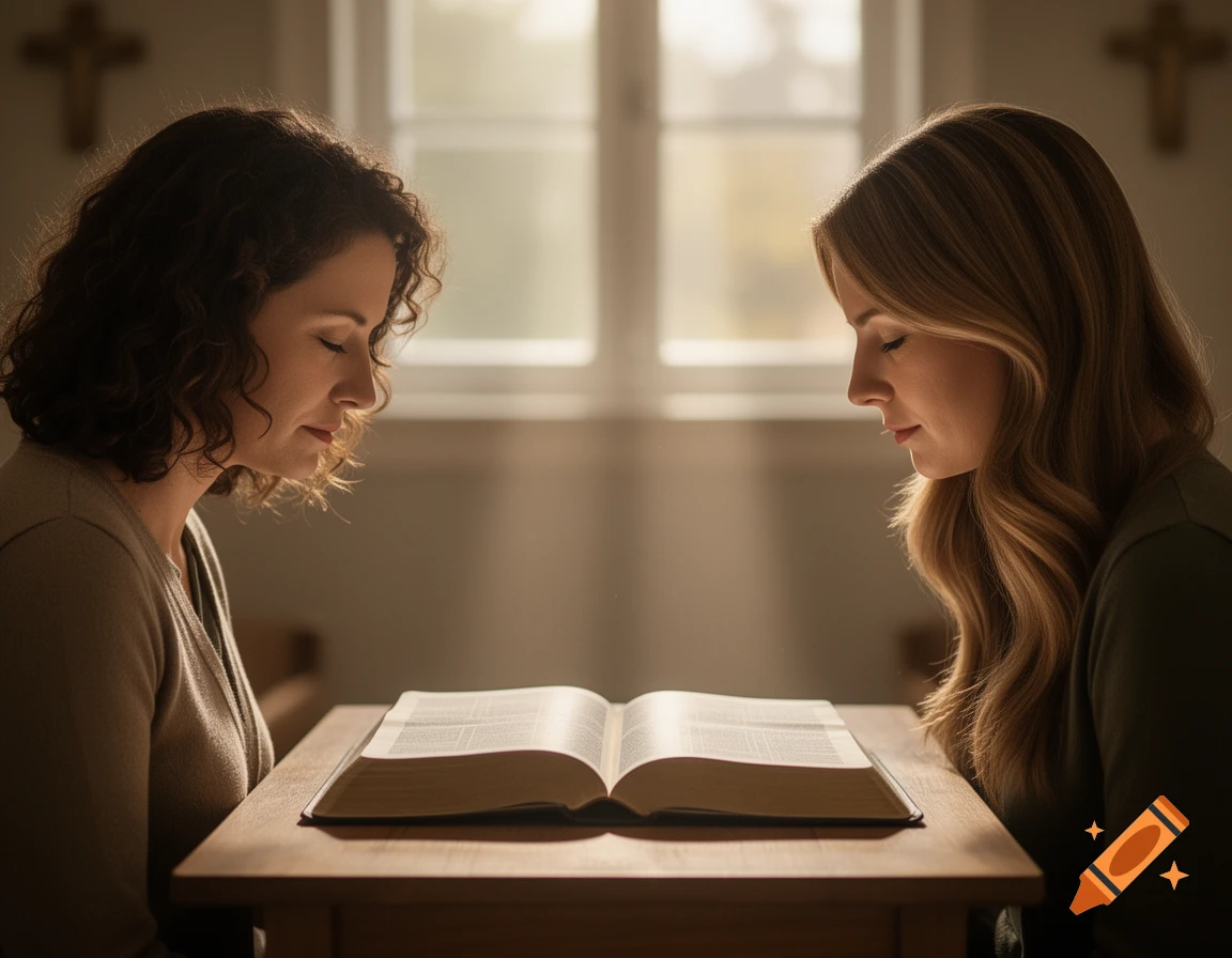 Two women with closed eyes pray over an open Bible on a wooden table in a softly lit room with a cross on the wall.