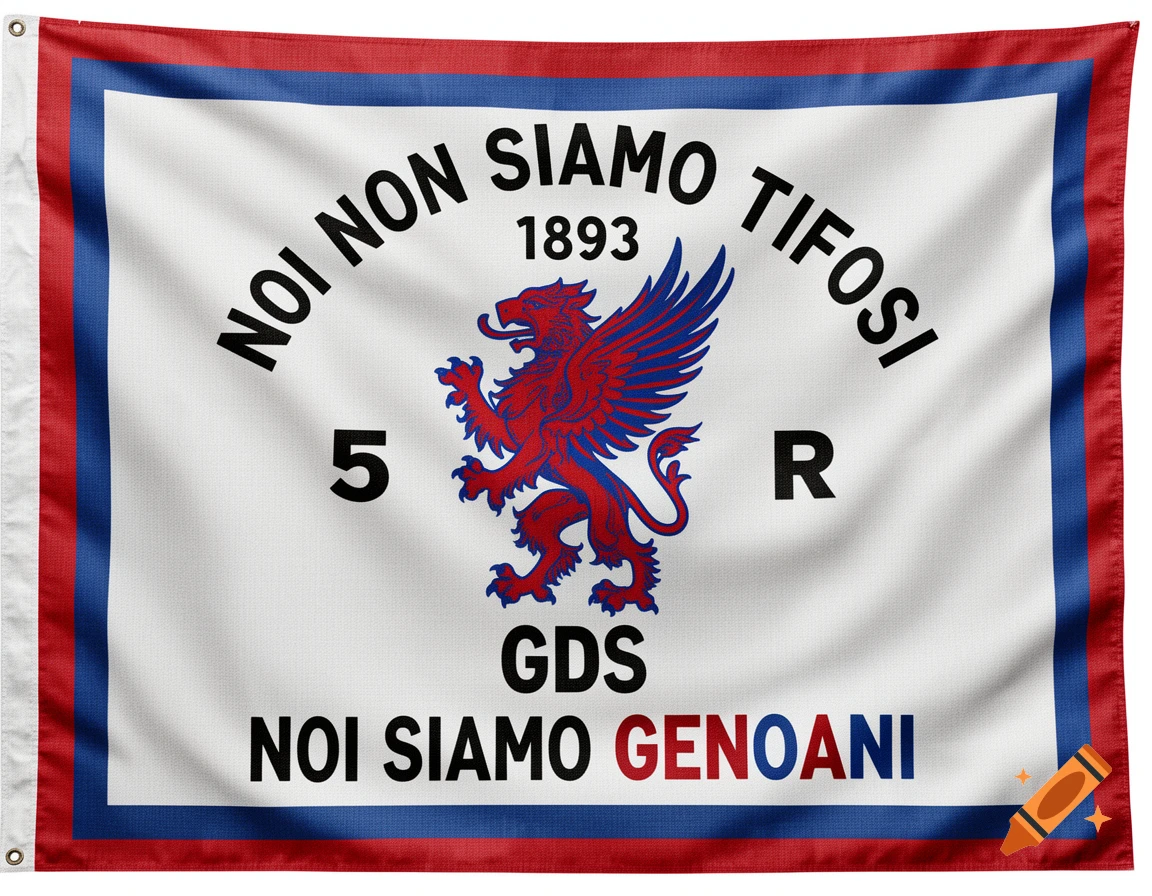 White stadium flag with red and blue borders, a griffin, and text reading "NOI NON SIAMO TIFOSI" and "NOI SIAMO GENOANI".