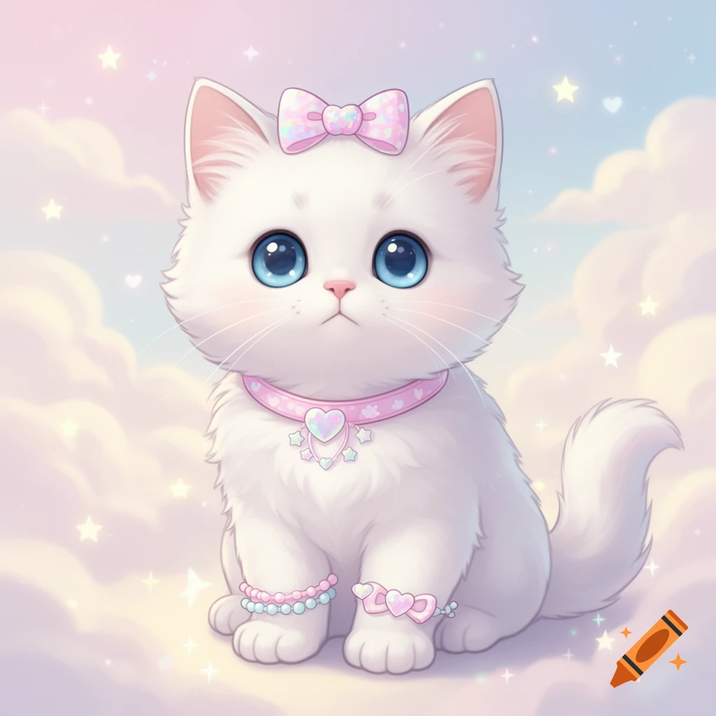 A fluffy white kawaii kitten with big blue eyes, a pink bow, pastel collar and bracelets, sitting on pastel clouds.