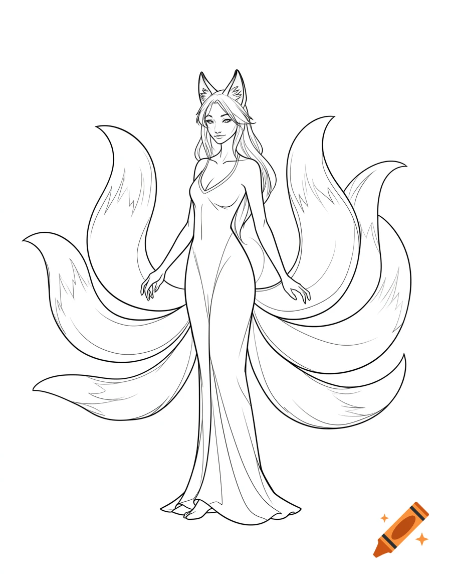 Line art drawing of a kitsune woman with fox ears and nine tails, wearing a long, elegant dress.
