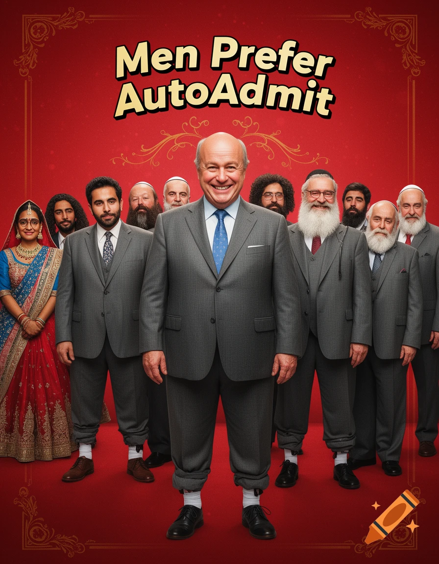 A diverse group of men in ill-fitting suits and one woman in traditional Indian attire stand on a red carpet under the text 'Men Prefer AutoAdmit'.