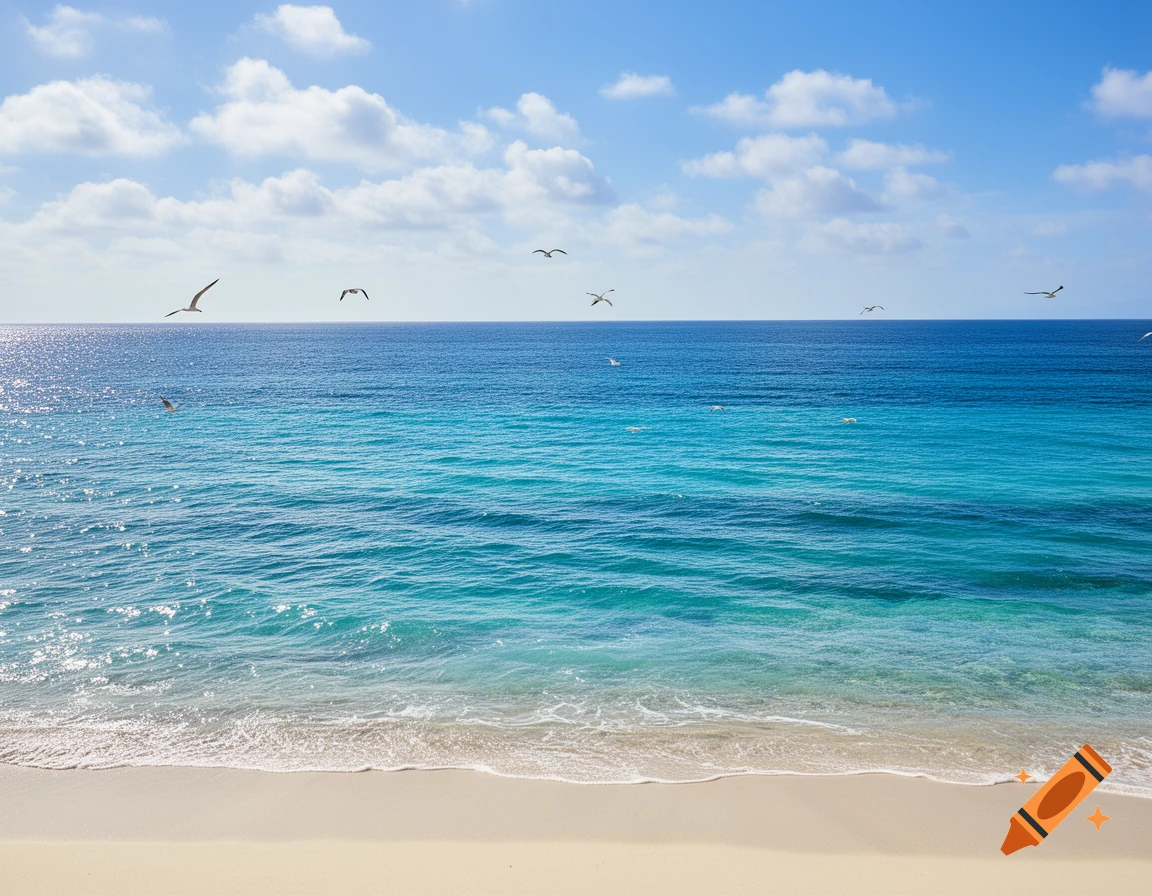 A tranquil beach scene with light sand, clear turquoise ocean, and a blue sky with fluffy white clouds, with several seagulls flying above.