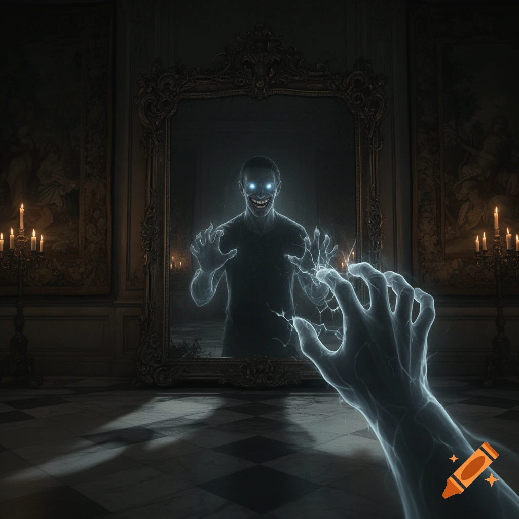 A spectral hand with cracking lines reaches towards a mirror reflecting a grinning, glowing-eyed figure in a dark, candlelit gothic room.