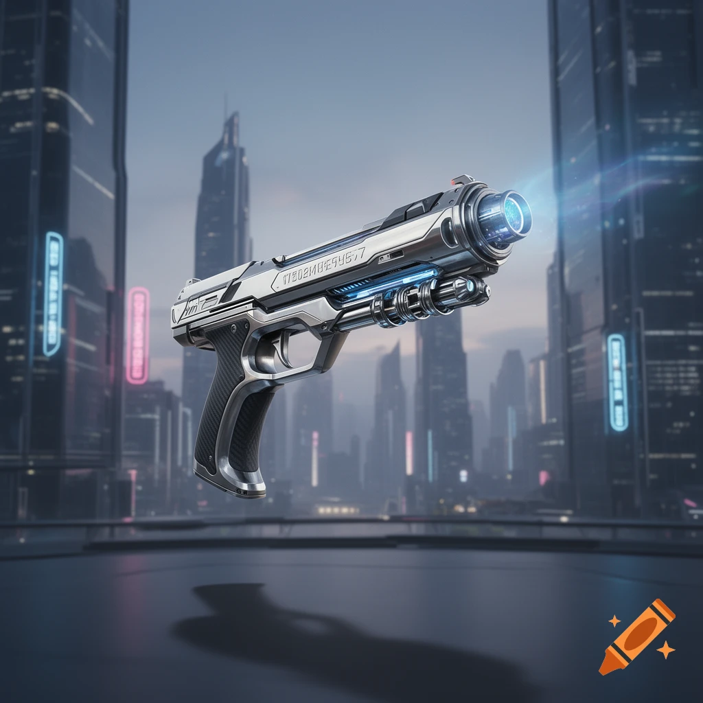 A futuristic silver blaster with blue glowing lights floats in front of a cyberpunk city skyline, photorealistic style.