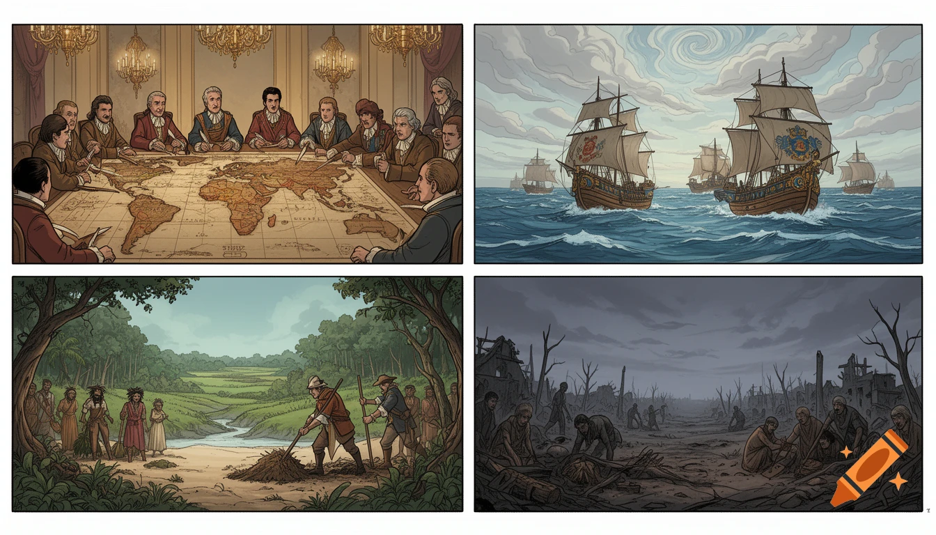 A four-panel comic strip illustrating European colonization: men planning on a world map, ships sailing, Europeans interacting with indigenous people in a lush land, and a devastated, desolate land with suffering people.