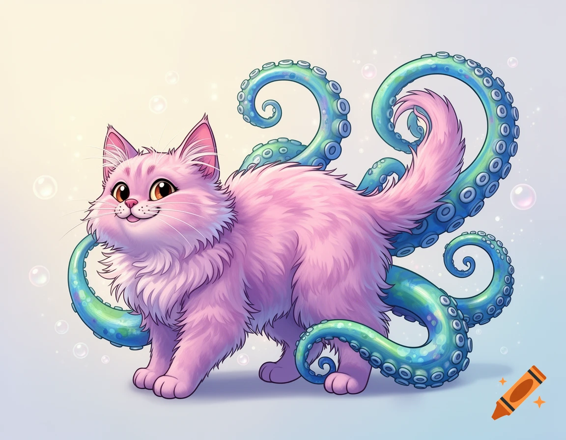 A cute, fluffy pink cartoon cat with multiple blue tentacles and a furry tail smiles, standing amidst floating bubbles.