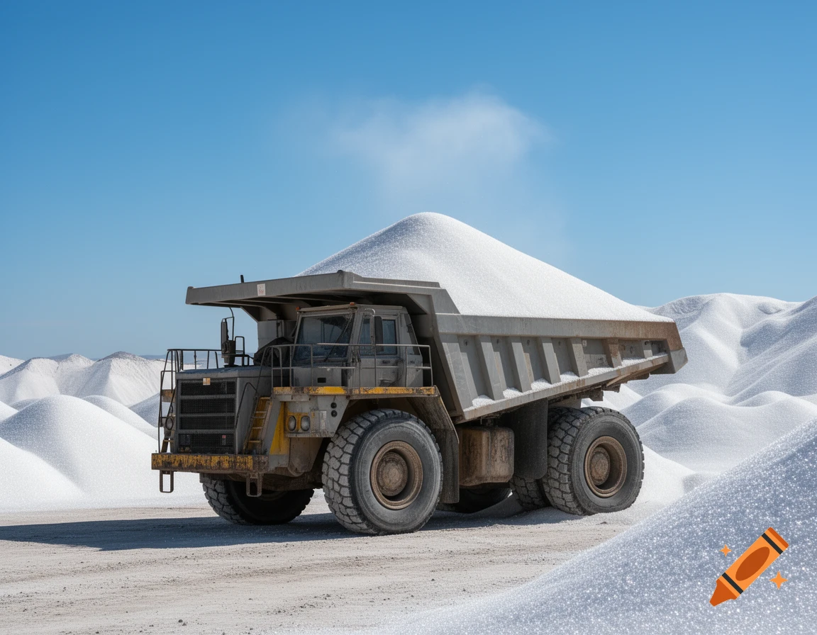 A large industrial dump truck filled with a tall mound of white sugar under a clear blue sky.
