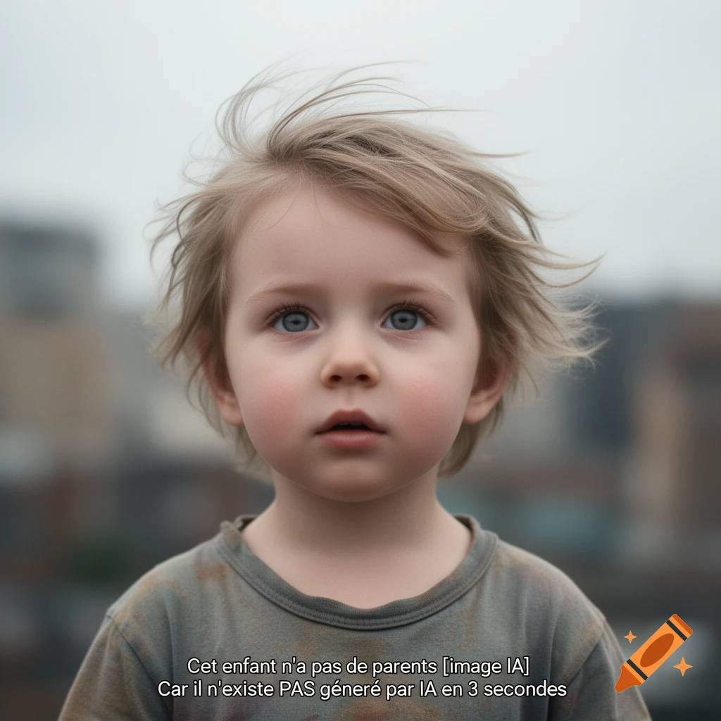 Photorealistic portrait of a young child with blonde, windswept hair and blue eyes, looking up against a blurry urban background.