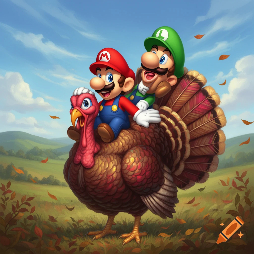 Cartoon illustration of Mario and Luigi riding a large turkey through an autumnal field under a blue sky.