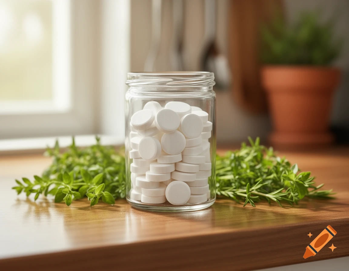 A clear glass jar filled with white round tablets sits on a wooden counter, surrounded by fresh green herbs. Photorealistic.