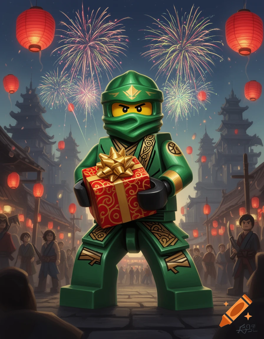 A Lego Ninjago character, Lloyd, in a green ninja suit, holds a red and gold gift amidst fireworks and red lanterns in a festive, Asian-inspired village at night.