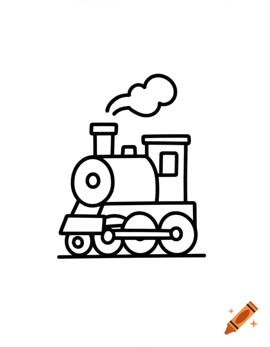 Minimalist black outline drawing of a cute steam locomotive, puffing smoke, on a white background.