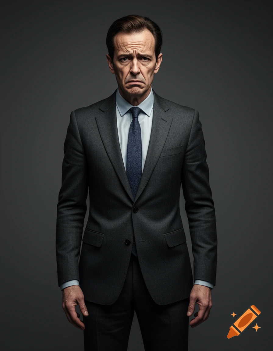 A man in a dark suit and blue tie stands against a gray background, looking distressed with a frown and furrowed brow.