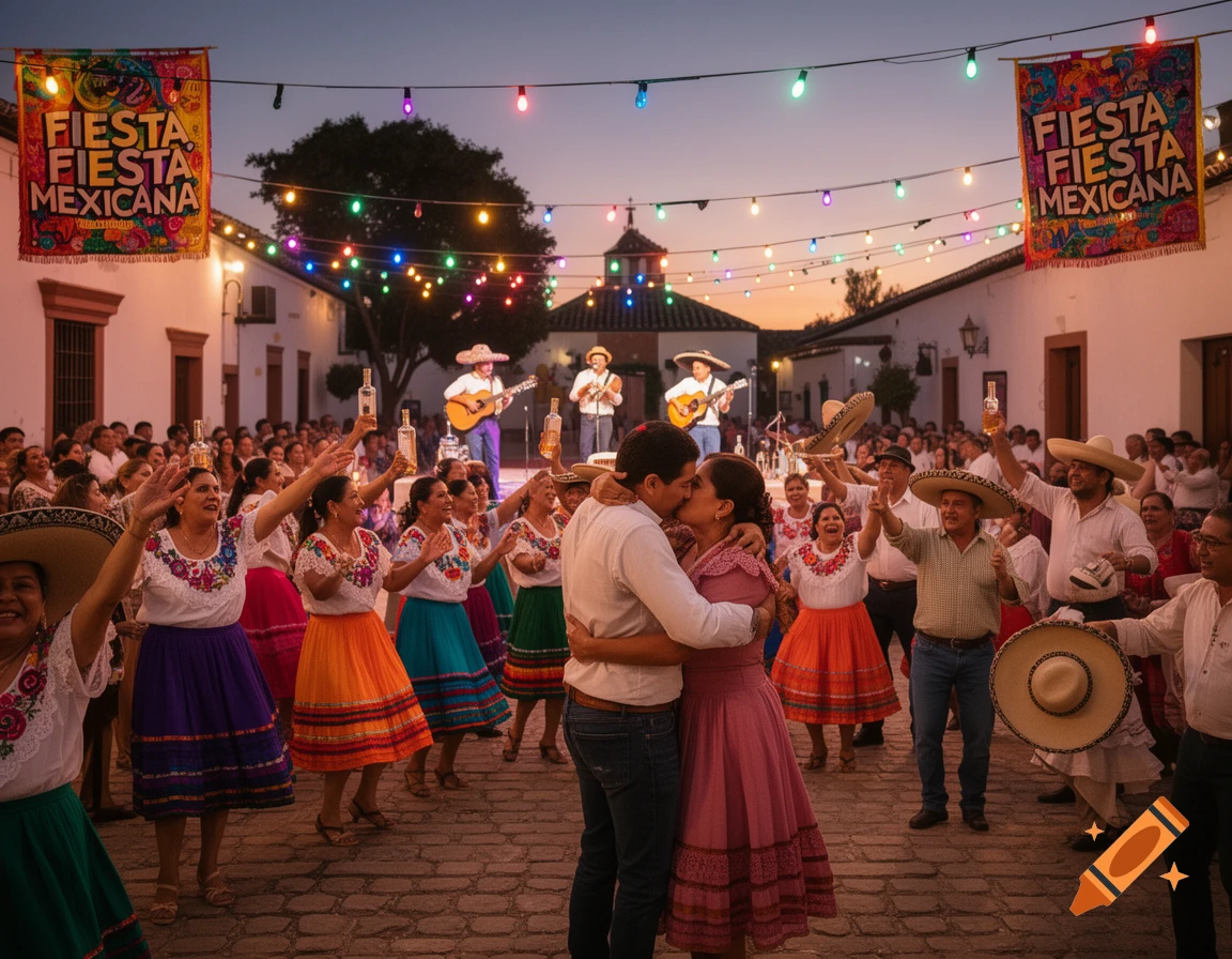 A lively outdoor Mexican fiesta at dusk, with people dancing, celebrating, a couple kissing, and musicians playing under colorful string lights.