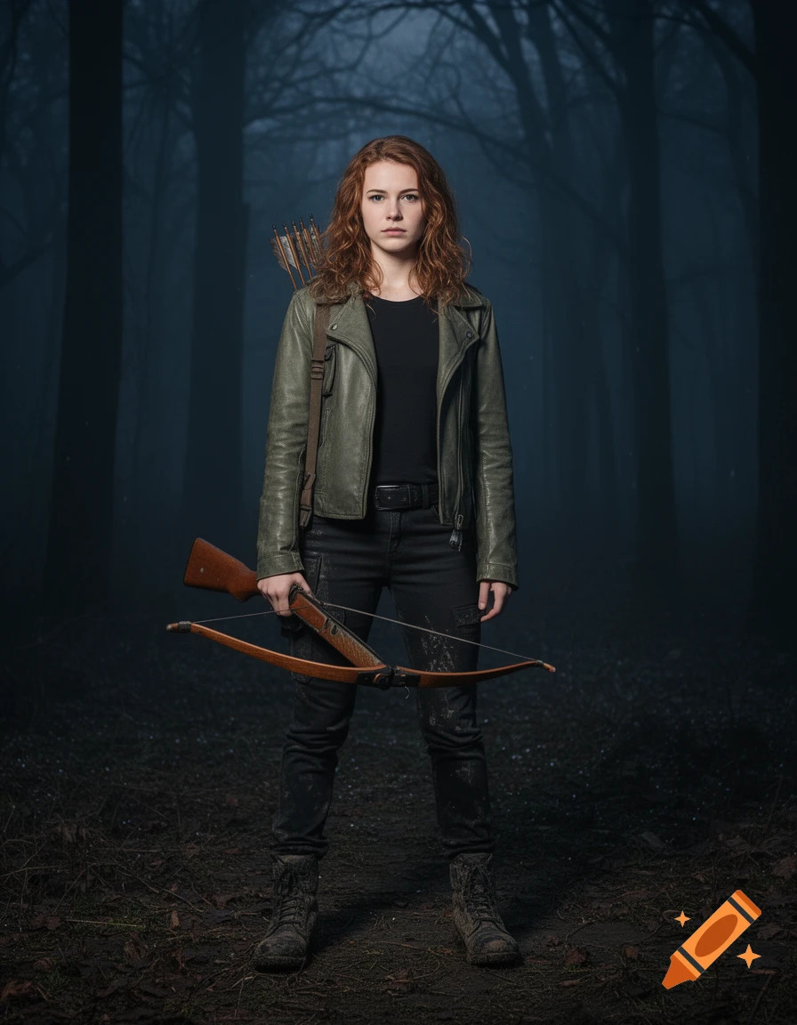A photorealistic portrait of a young woman with red hair holding a crossbow and quiver, standing in a dark, misty forest.