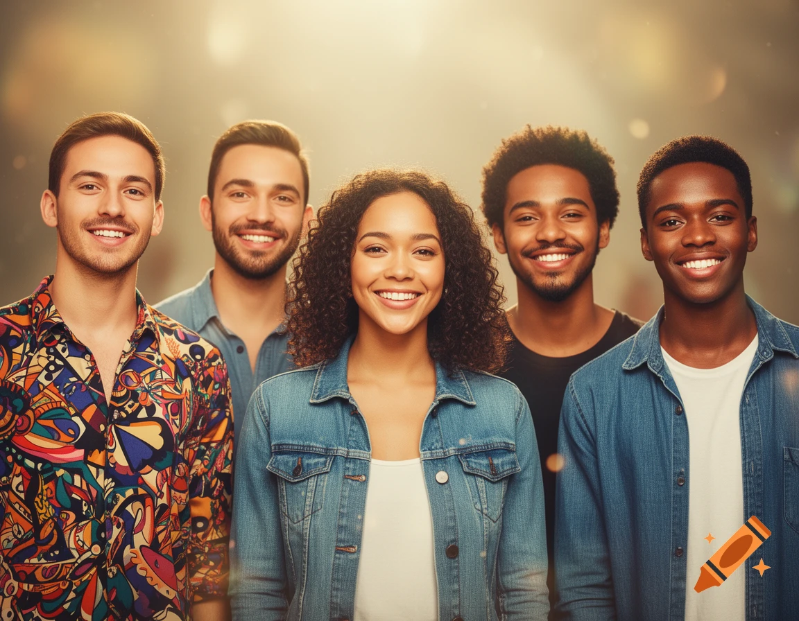A diverse group of five smiling young adults, three men and two women, looking at the camera with warm lighting.