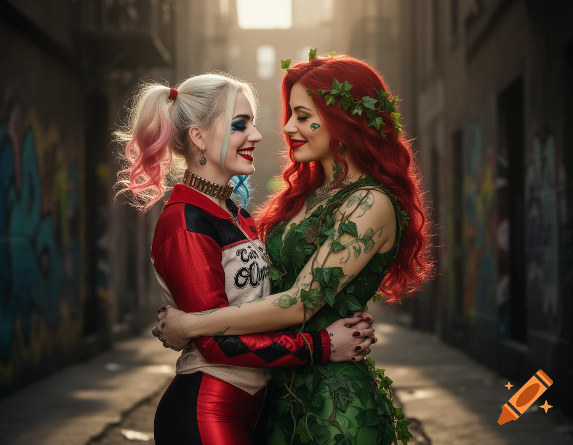 Harley Quinn with blonde and pink pigtails hugs Poison Ivy with red hair adorned with ivy, in a dark alleyway.