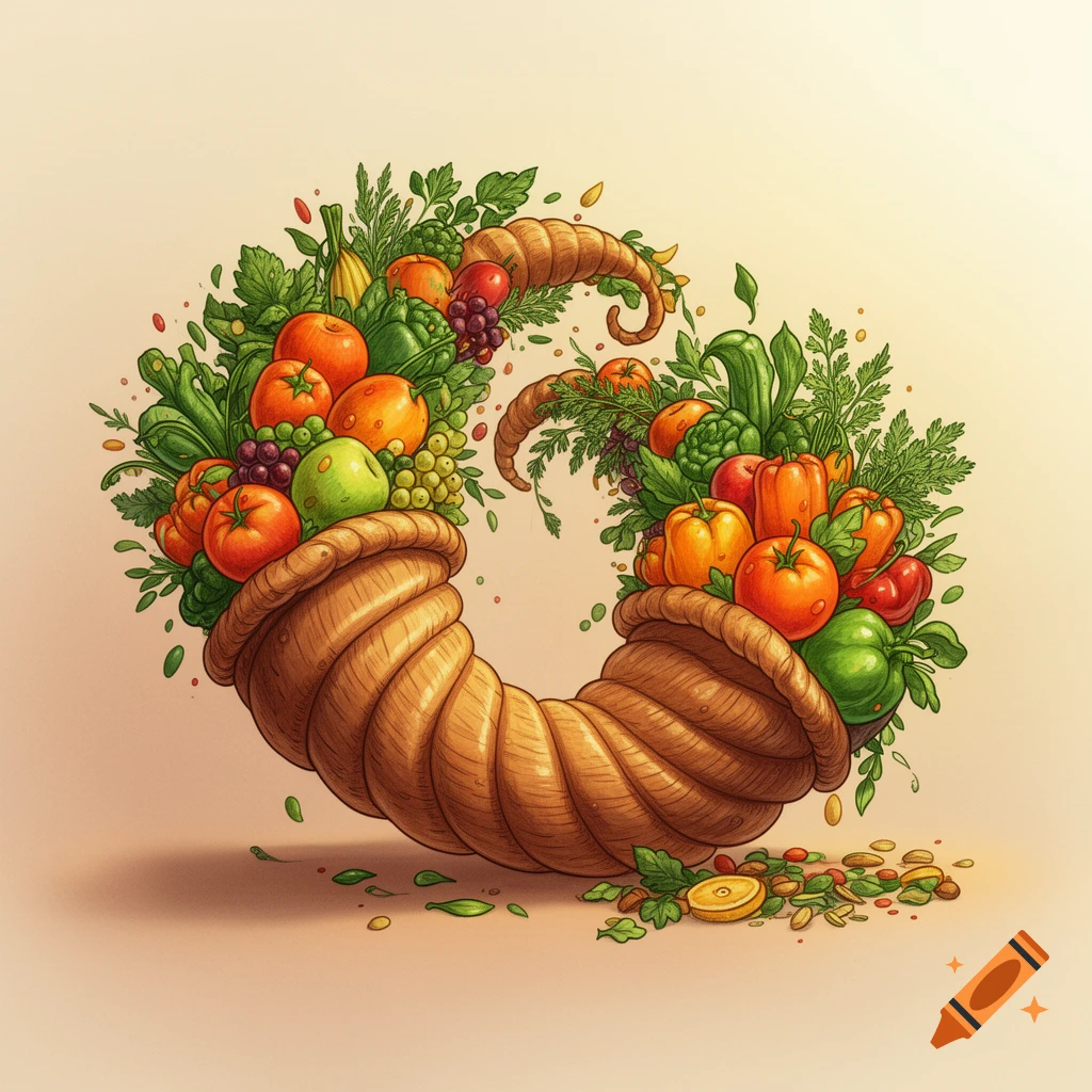 Two overlapping cornucopias overflowing with a colorful assortment of fruits, vegetables, and greenery in an illustrative style.