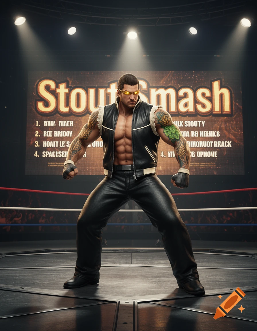 A muscular male fighter in a leather vest and pants stands in a wrestling ring under spotlights, with a 'Stout Smash' screen behind him.