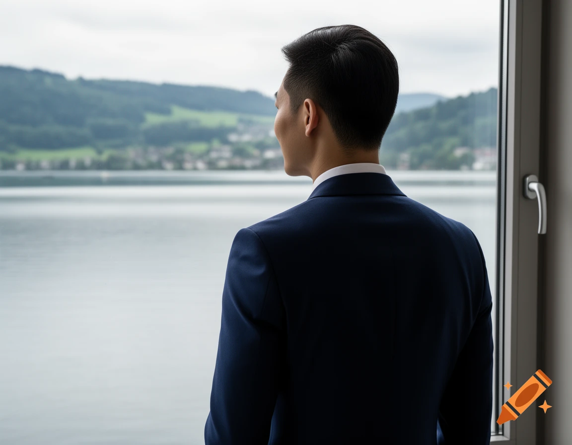 Rear view of an Asian man in a blue suit, standing by a window, looking out at a tranquil lake and distant green hills.