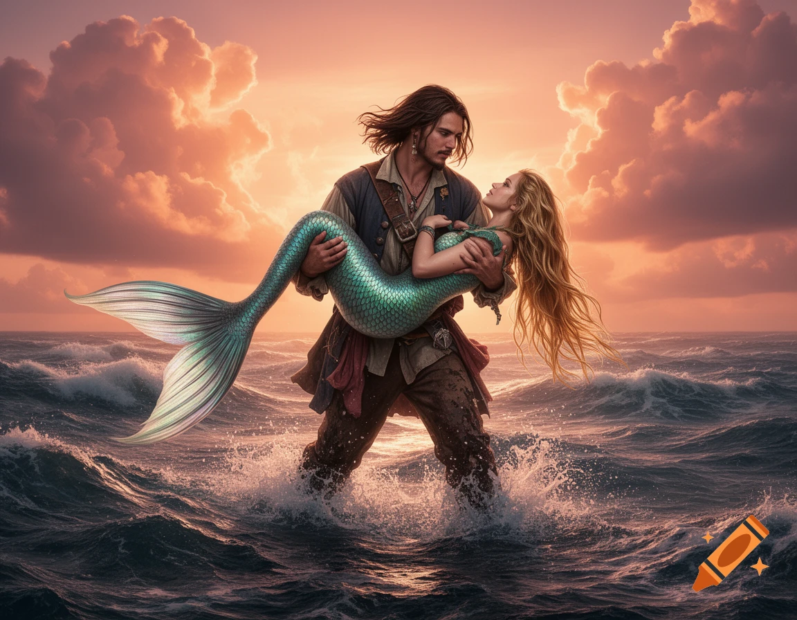 A rugged pirate carries a beautiful mermaid with a shimmering green tail through crashing ocean waves under a dramatic orange sky in a photorealistic style.
