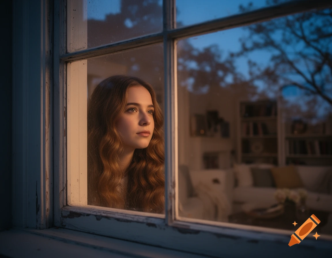 A photorealistic young woman with long wavy hair looks thoughtfully out a window at dusk, her face softly lit.