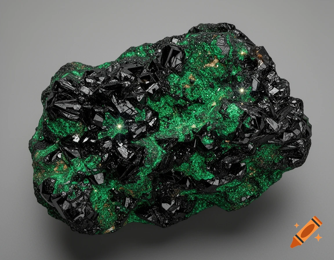 Close-up of a dark black crystalline mineral formation embedded in a vibrant green textured matrix, against a gray background.