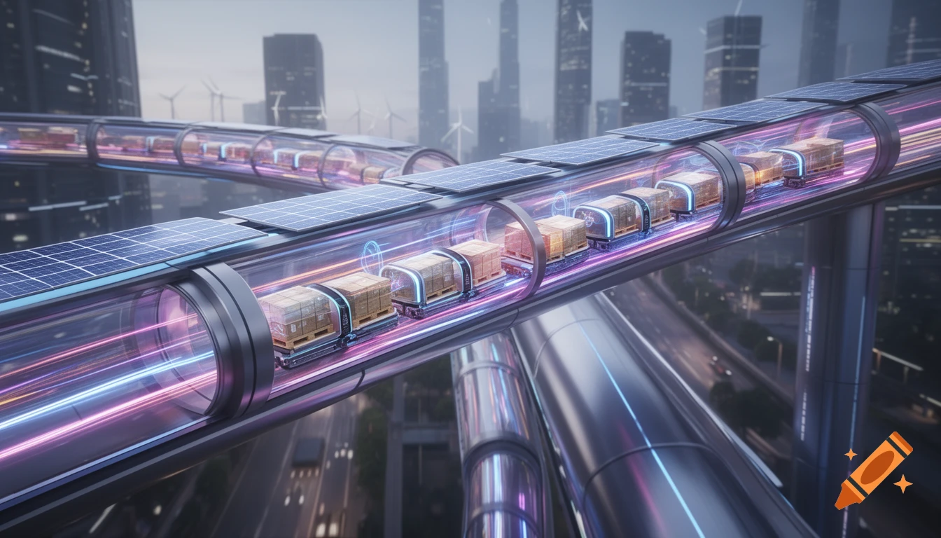Futuristic modular magnetic cargo ring with solar panels transports goods through a vibrant city skyline with skyscrapers and wind turbines.