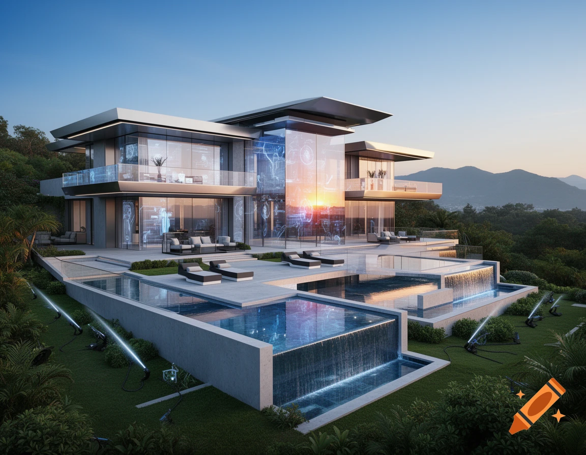 Photorealistic futuristic mega mansion with glowing blue details, multiple pools, and waterfalls, surrounded by lush greenery and mountains at dusk.