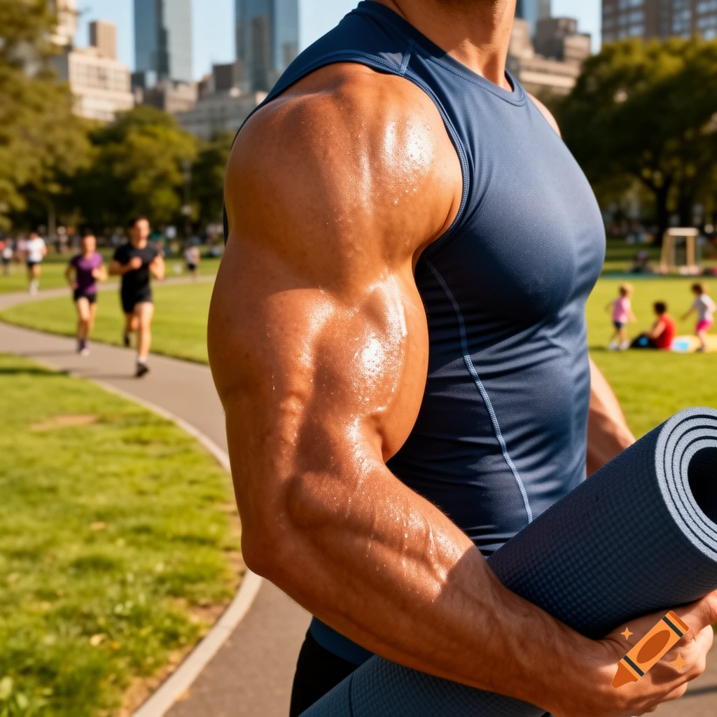 A close-up of a muscular, sweaty man in a blue tank top holding a yoga mat in a sunny park with runners and city buildings.