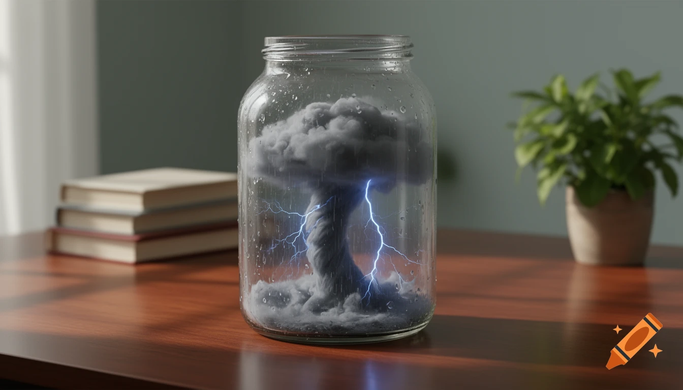 Photorealistic image of a miniature tornadic thunderstorm with dark clouds and lightning in a clear glass jar on a wooden desk.