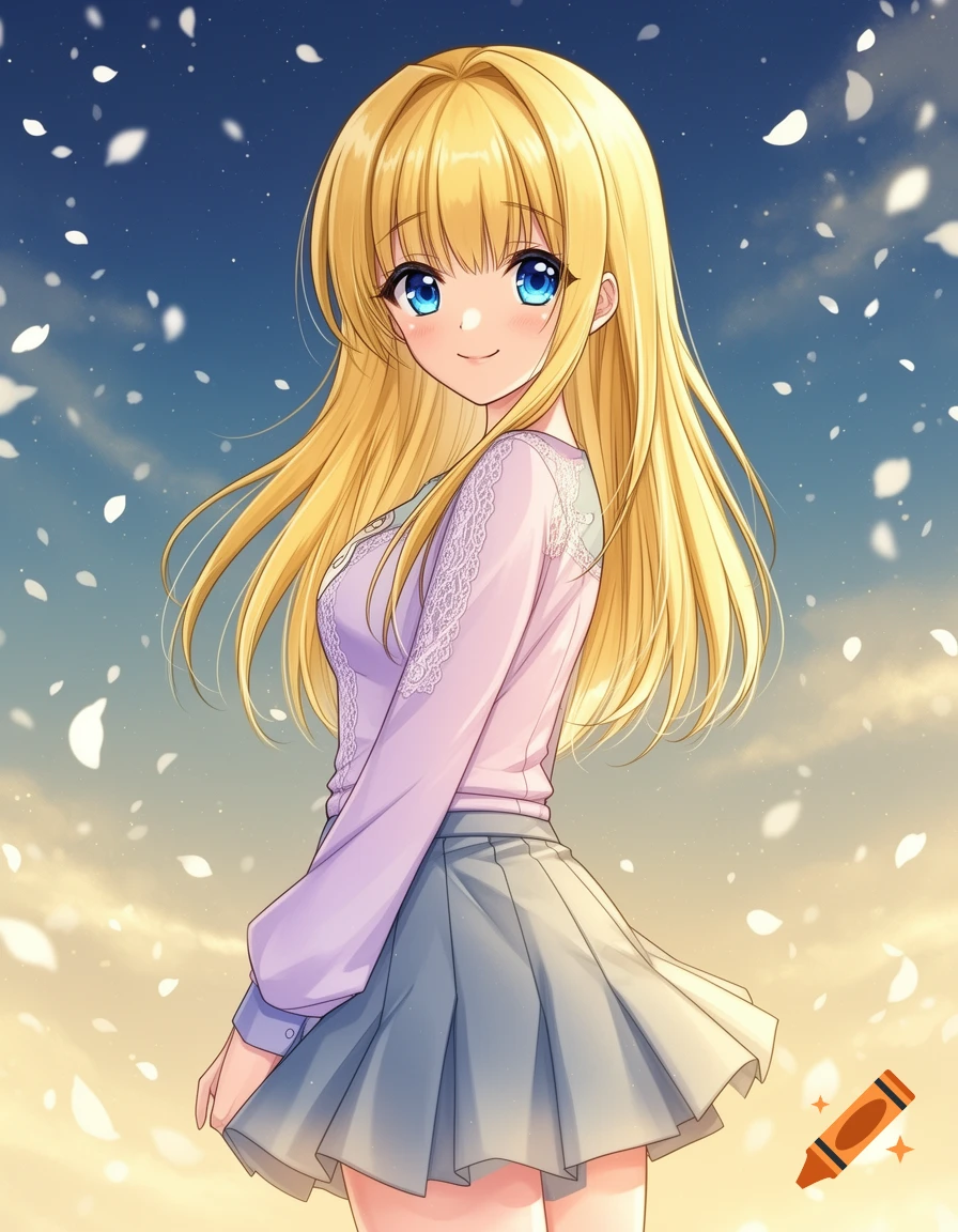 Anime illustration of a blonde girl with blue eyes, wearing a pink top and gray skirt, standing under a blue sky with falling white petals.