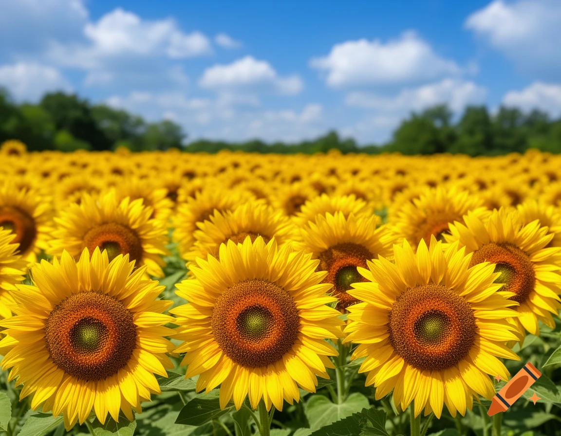 A vibrant field of sunflowers with bright yellow petals under a clear ...