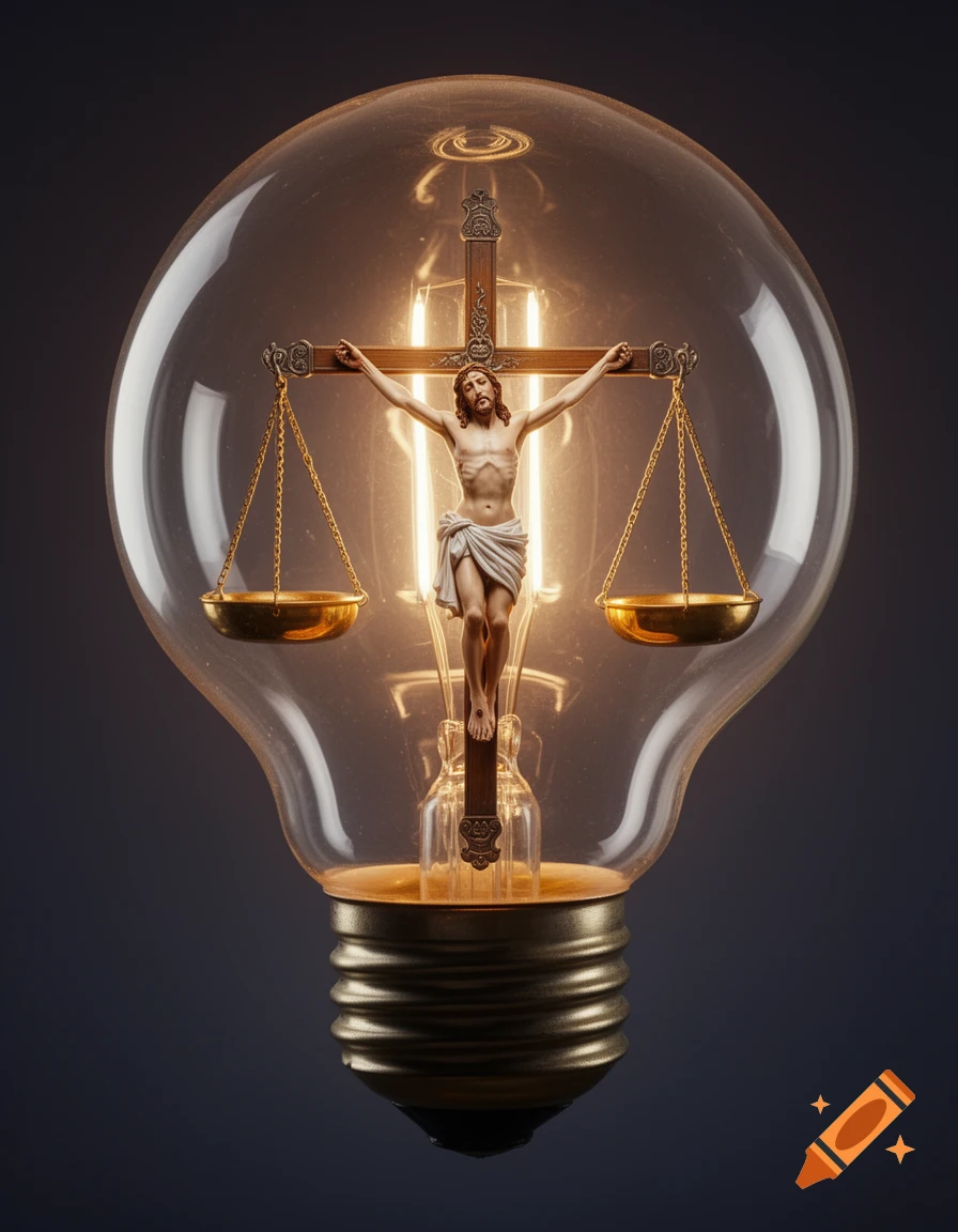 Photorealistic image of Jesus on a crucifix with weighing scales, glowing inside a light bulb.