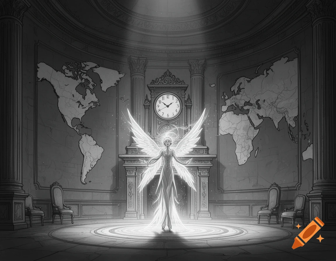 A stylized black and white drawing shows an angelic figure with large wings glowing in the center of a grand hall with a large clock and world maps on the walls.