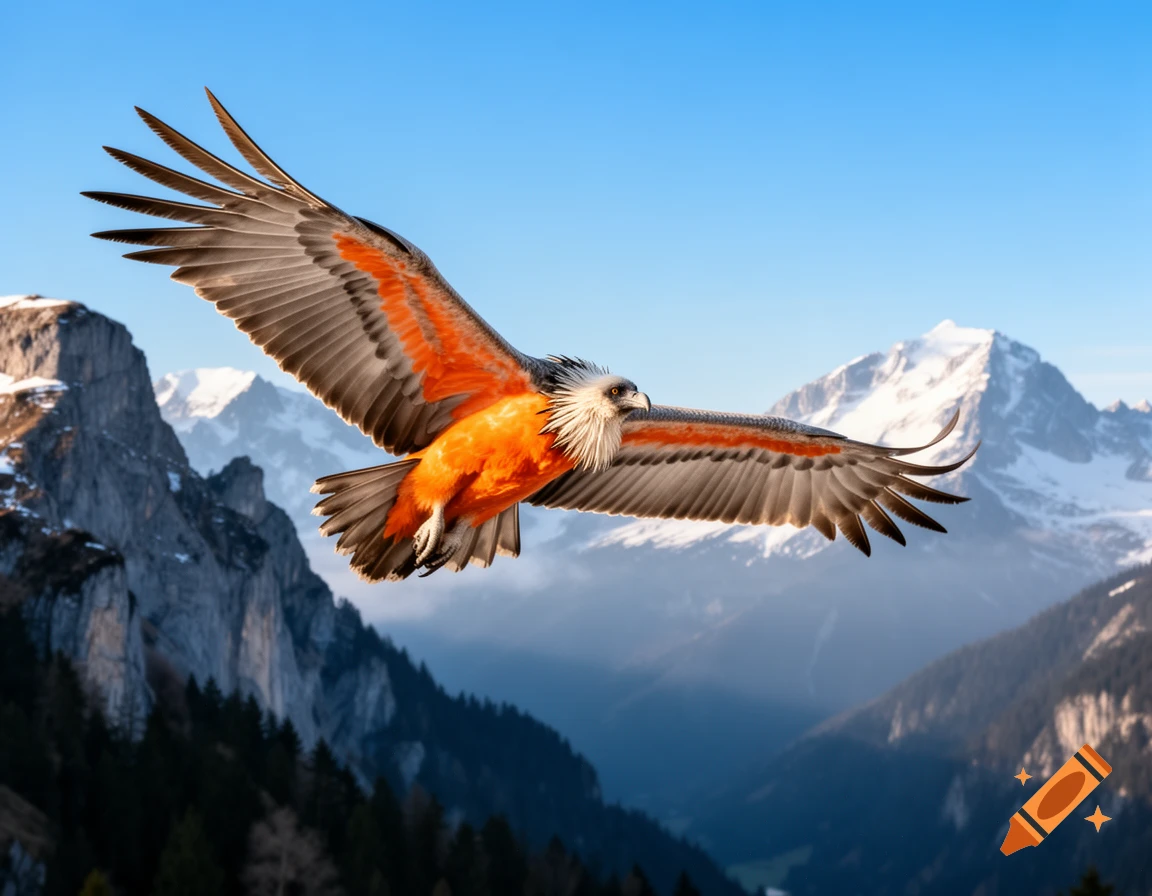 A bearded vulture with orange and gray plumage soars in a clear blue sky above snow-capped mountains and valleys.