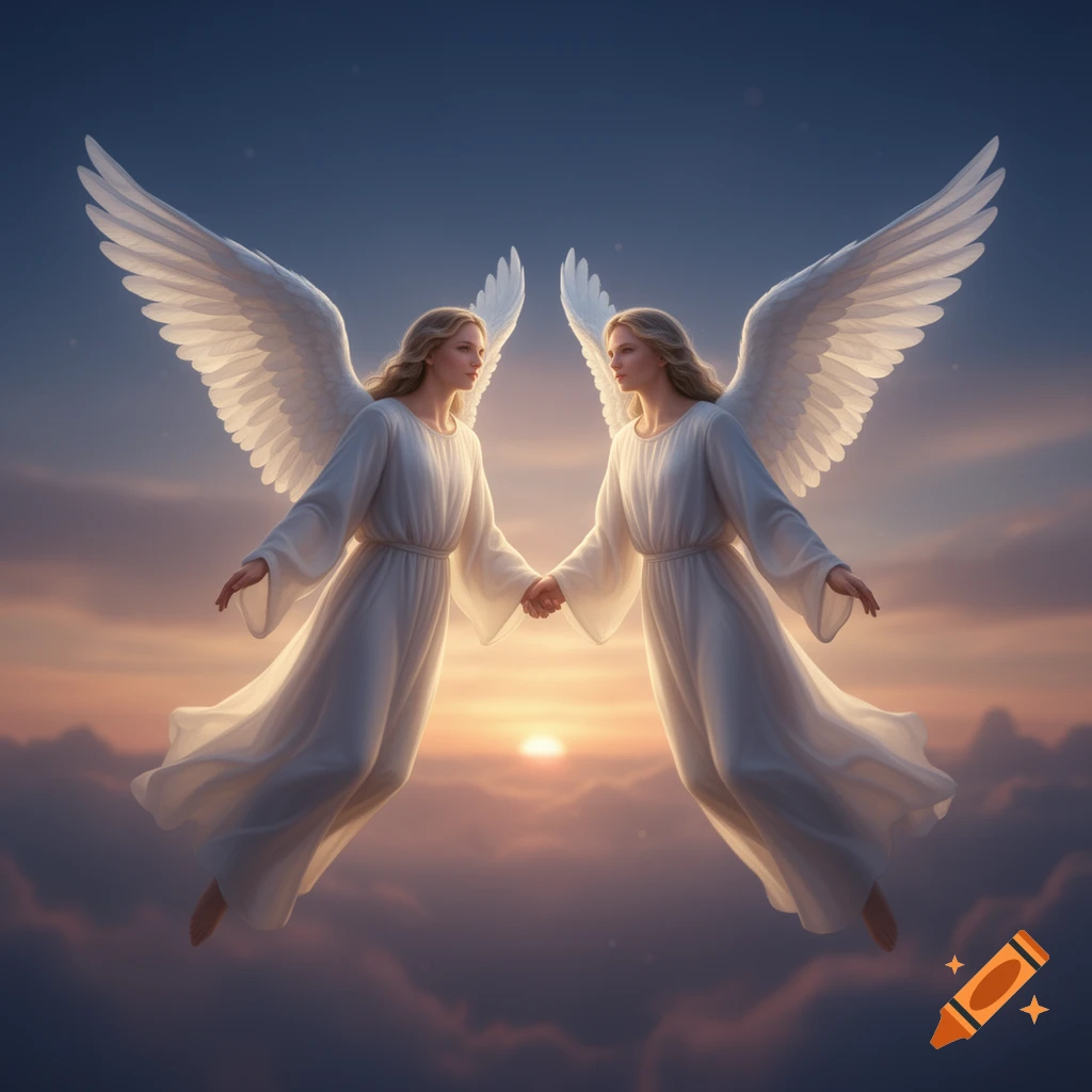 Two angels with large white wings float above clouds, holding hands against a warm sunset sky.