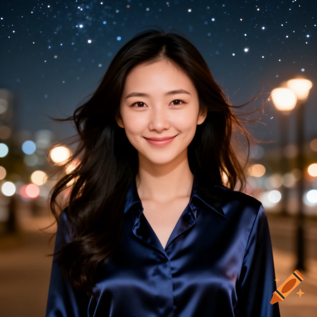 A beautiful smiling East Asian woman with long dark hair, wearing a dark blue silky shirt, against a blurred night city background with twinkling lights.
