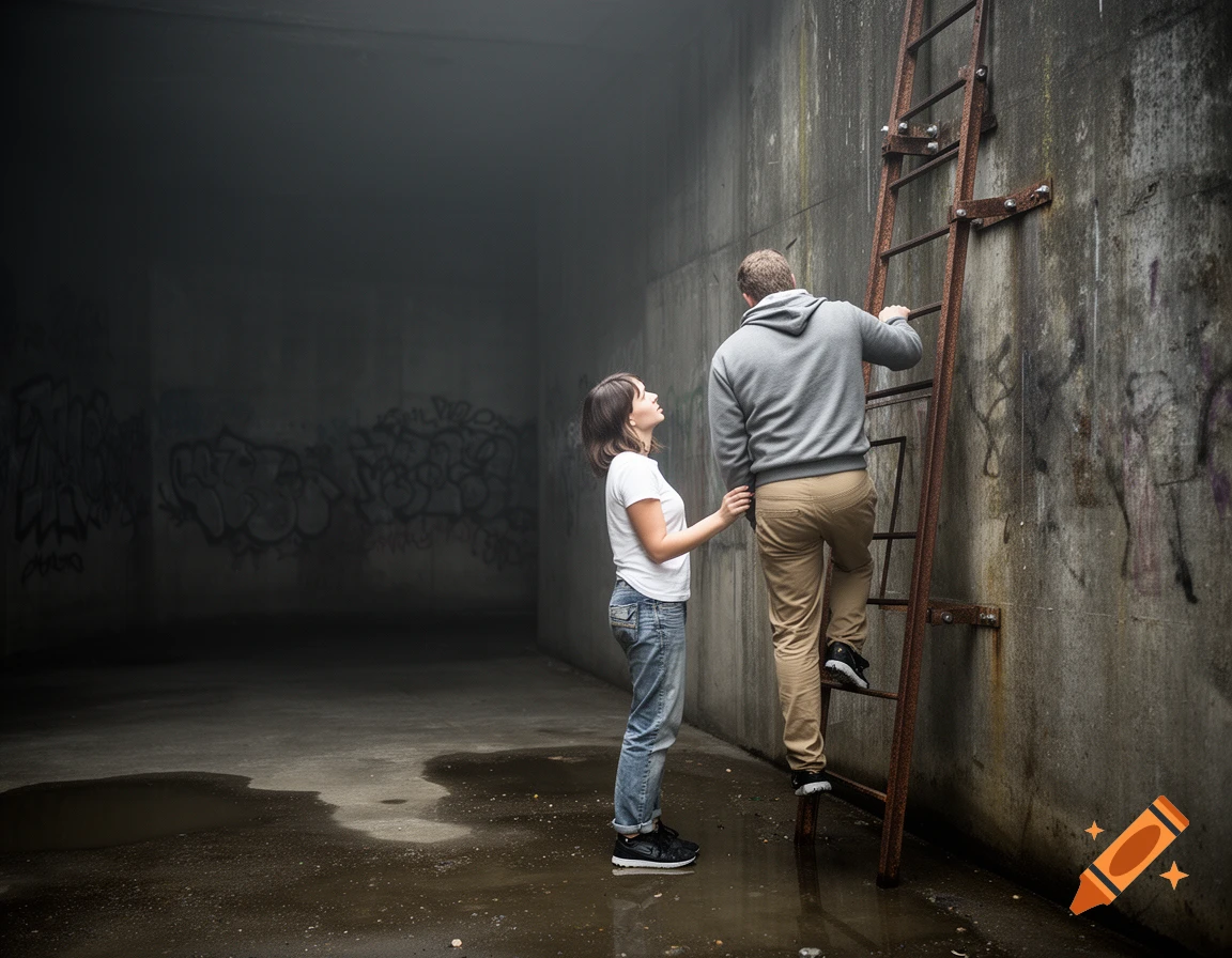 A woman assists a man climbing a rusty ladder on a concrete wall inside a dark, graffiti-covered sewer tunnel.