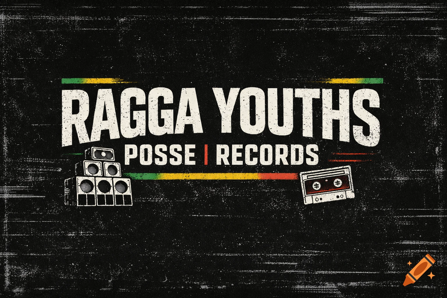 Vintage-style 'Ragga Youths Posse Records' logo with distressed white text, green, yellow, red accents, speakers, and a cassette tape on a black background.