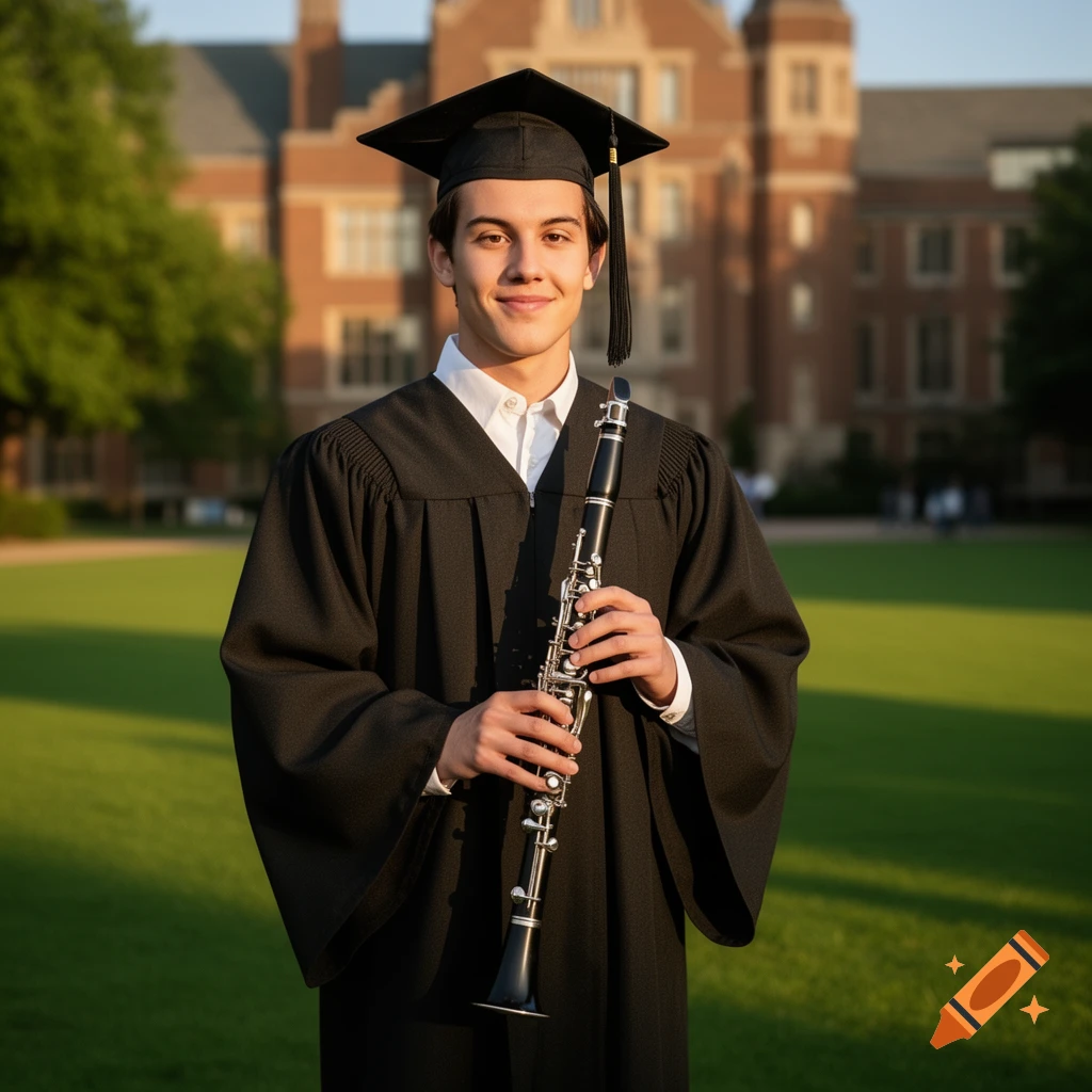 A smiling male graduate in a black cap and gown holds a clarinet on a sunny campus lawn with a building in the background.