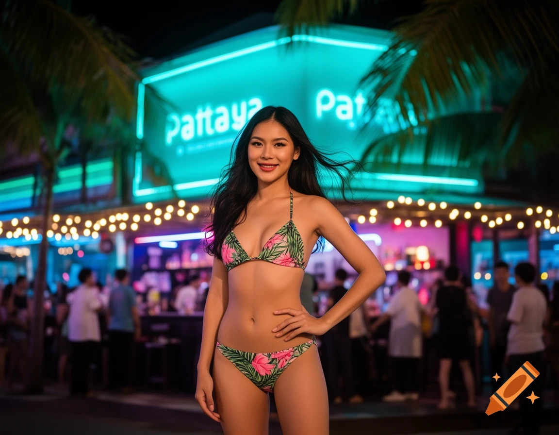 Young woman in a floral bikini smiles in front of a neon-lit bar in Pattaya at night. Photorealistic.
