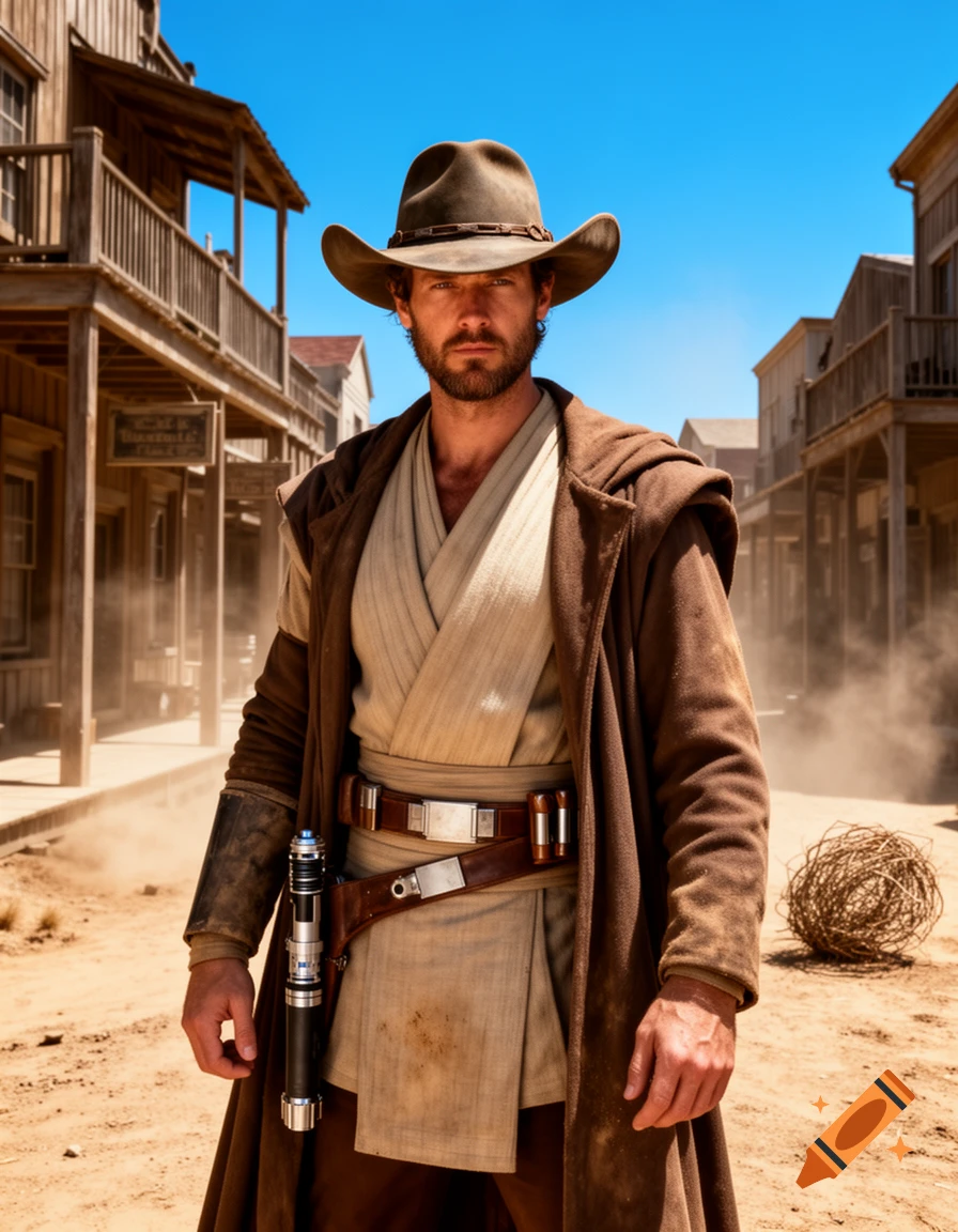 A photorealistic man, a Western Jedi Knight, wearing a cowboy hat, robes, and a lightsaber hilt, stands in a dusty Old West town.