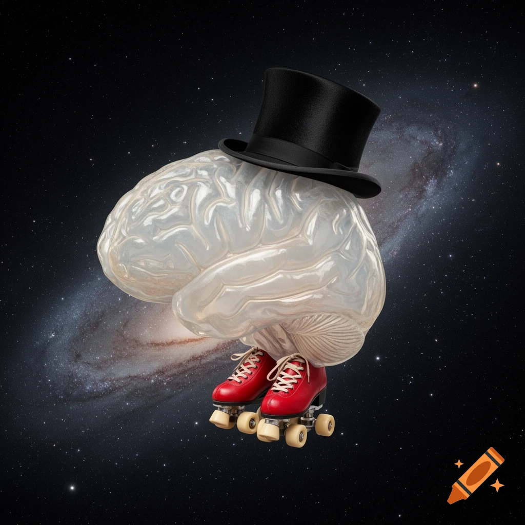 A shiny white brain with a black top hat and red roller skates floats in deep space with a spiral galaxy.