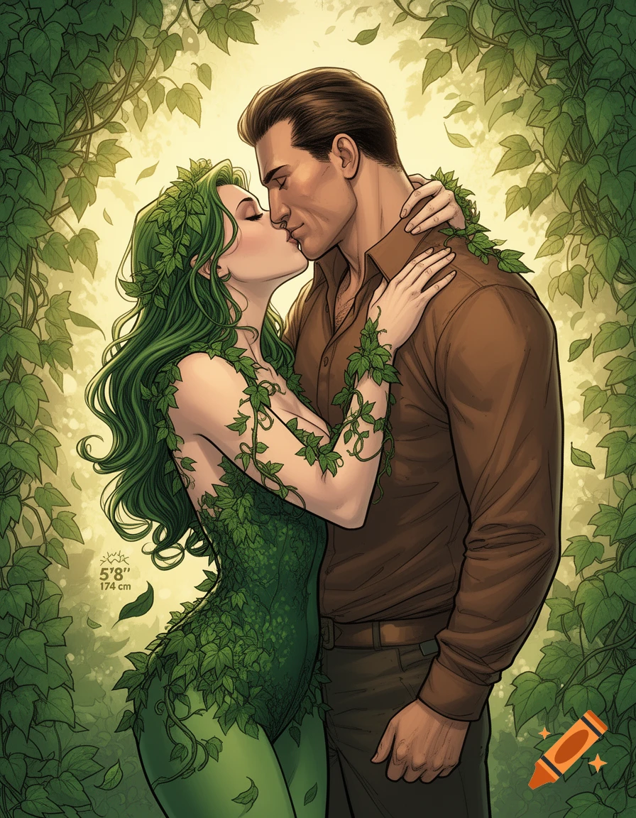 Comic art illustration of Poison Ivy, in a leaf-covered costume, passionately kissing a man amidst green vines.